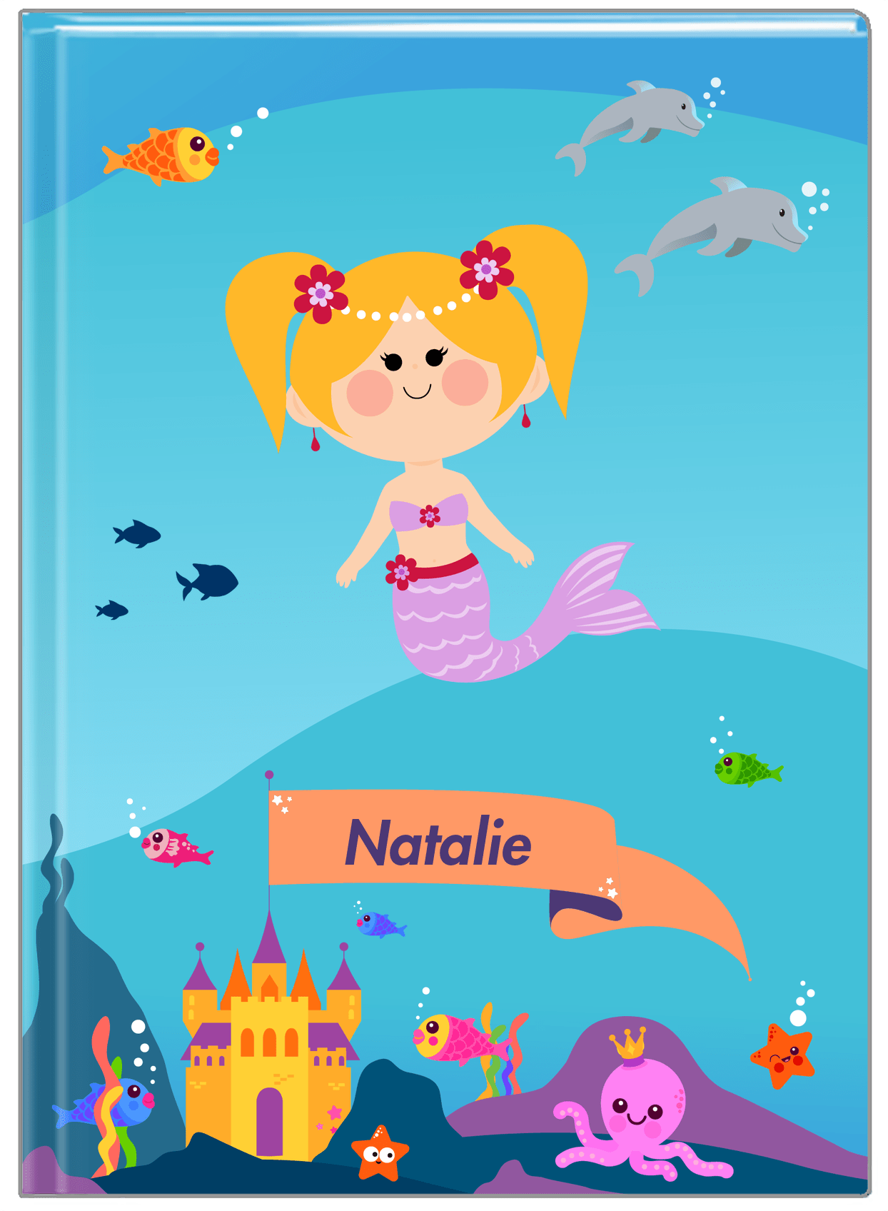 Personalized Mermaid Journal X - Blue Background - Blonde Mermaid - Front View