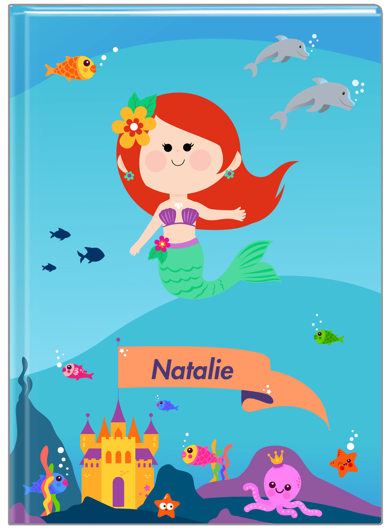 Personalized Mermaid Journal X - Blue Background - Redhead Mermaid - Front View