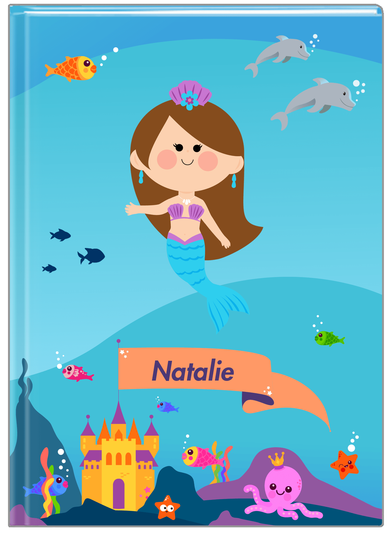 Personalized Mermaid Journal X - Blue Background - Brunette Mermaid - Front View