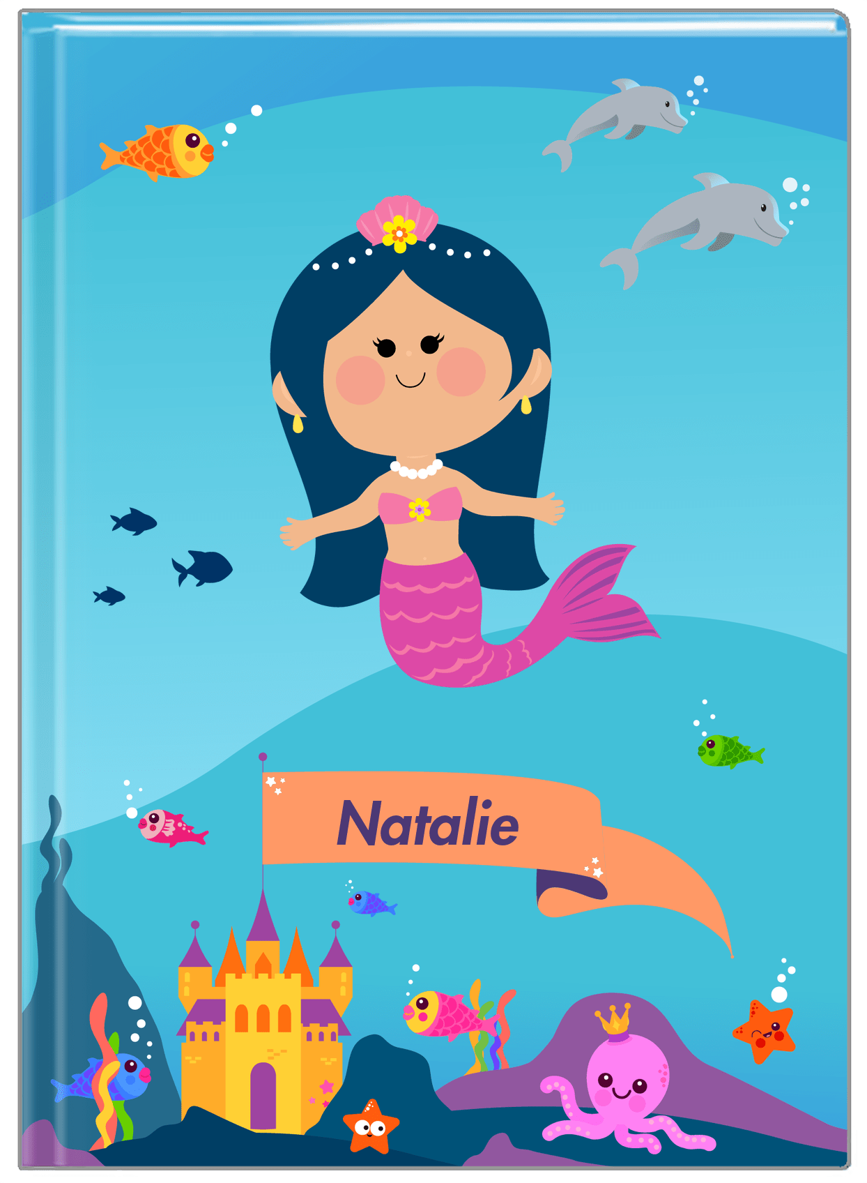 Personalized Mermaid Journal X - Blue Background - Asian Mermaid - Front View