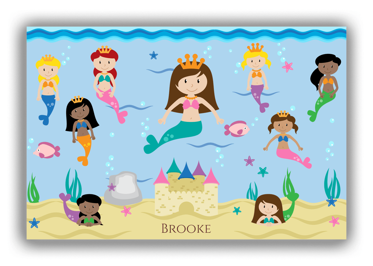Personalized Mermaid Canvas Wrap & Photo Print II - Light Blue Background - Brunette Mermaid - Front View