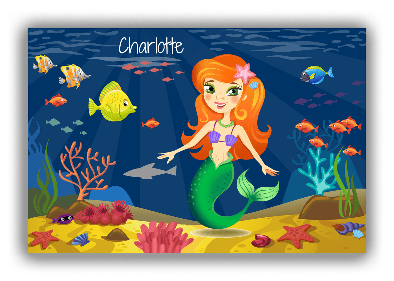 Personalized Mermaid Canvas Wrap & Photo Print III - Blue Background - Redhead Mermaid - Front View