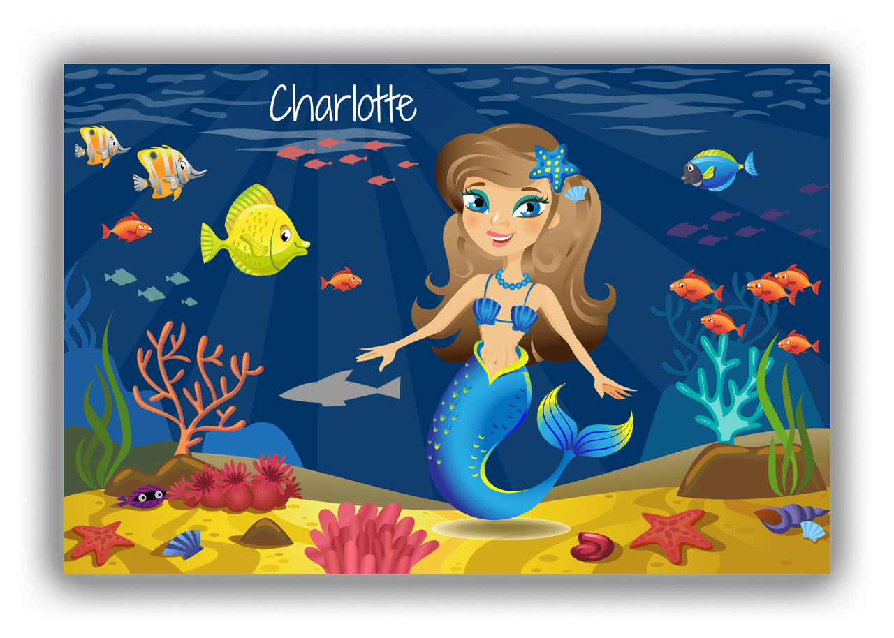 Personalized Mermaid Canvas Wrap & Photo Print III - Blue Background - Brunette Mermaid - Front View