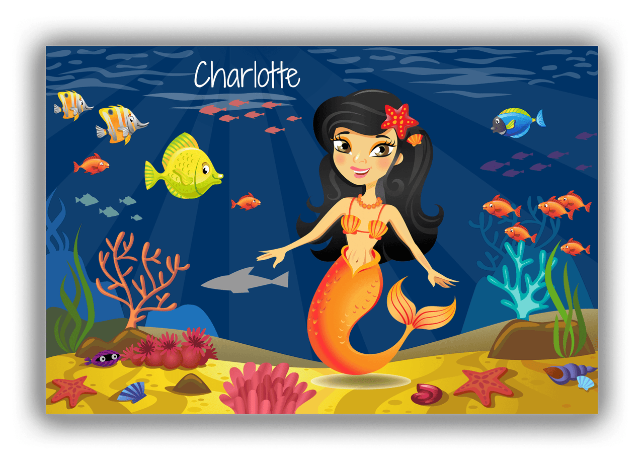 Personalized Mermaid Canvas Wrap & Photo Print III - Blue Background - Black Hair Mermaid - Front View