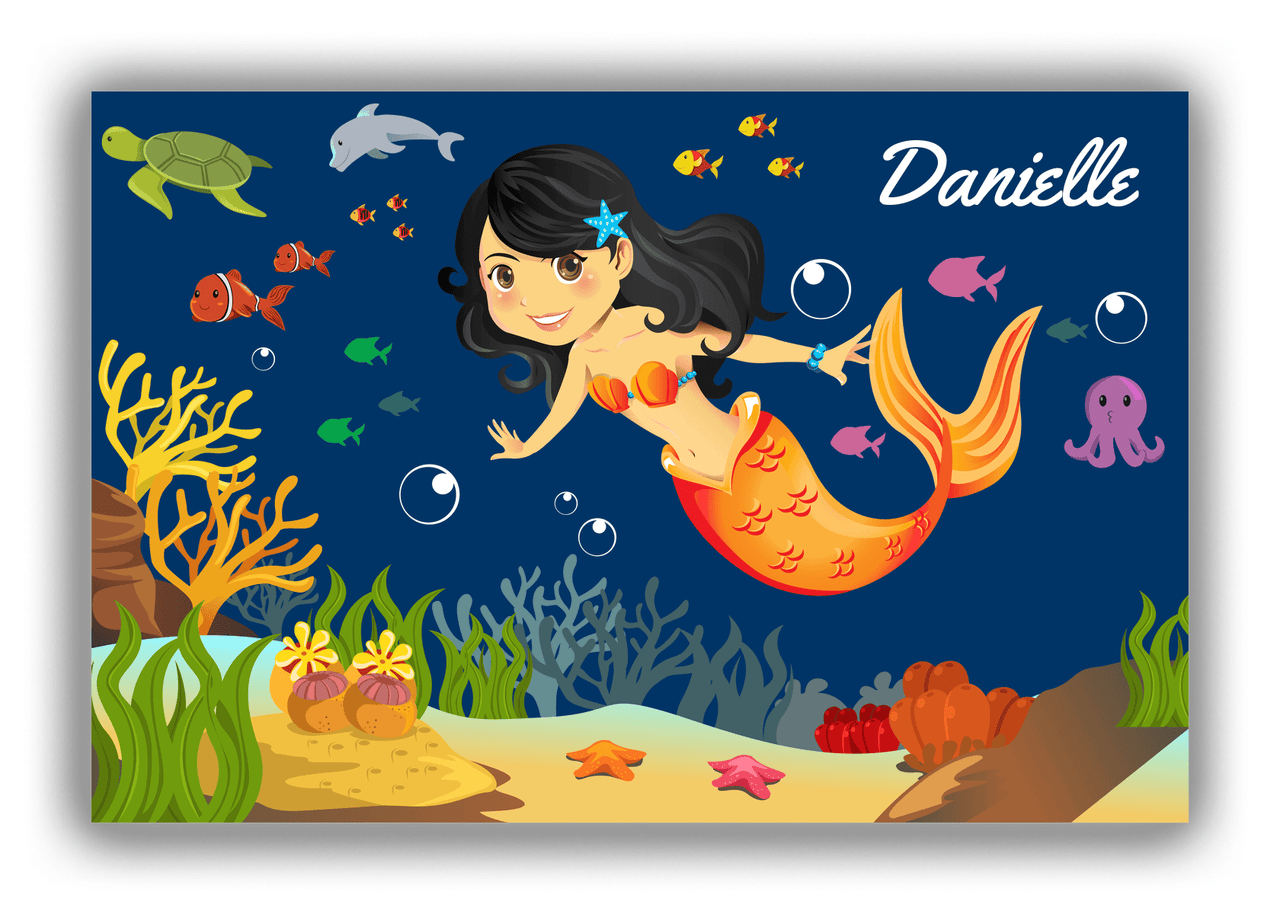 Personalized Mermaid Canvas Wrap & Photo Print IV - Blue Background - Black Hair Mermaid - Front View