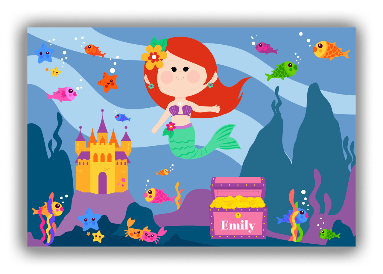 Personalized Mermaid Canvas Wrap & Photo Print V - Blue Background - Redhead Mermaid - Front View