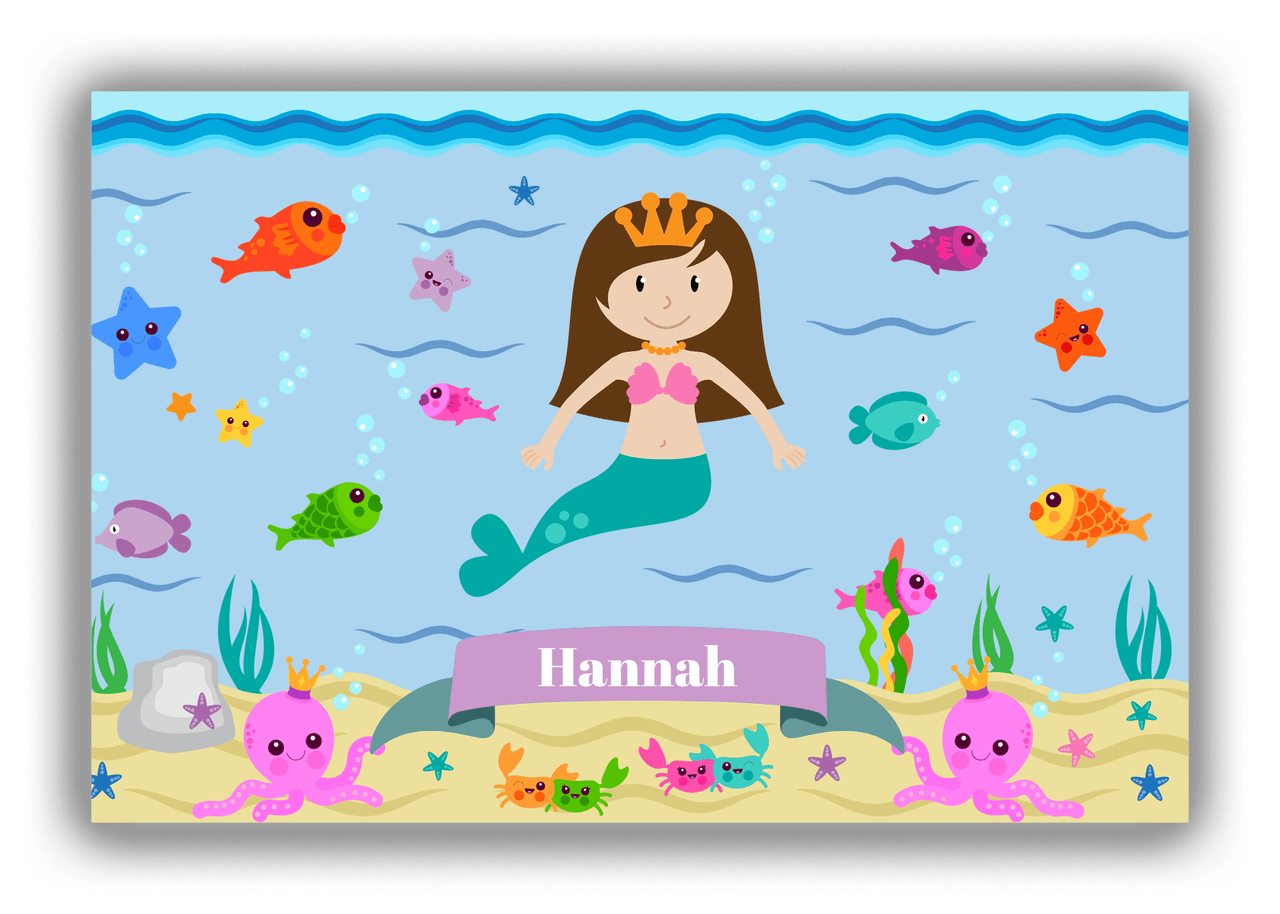 Personalized Mermaid Canvas Wrap & Photo Print VI - Blue Background - Brunette Mermaid - Front View