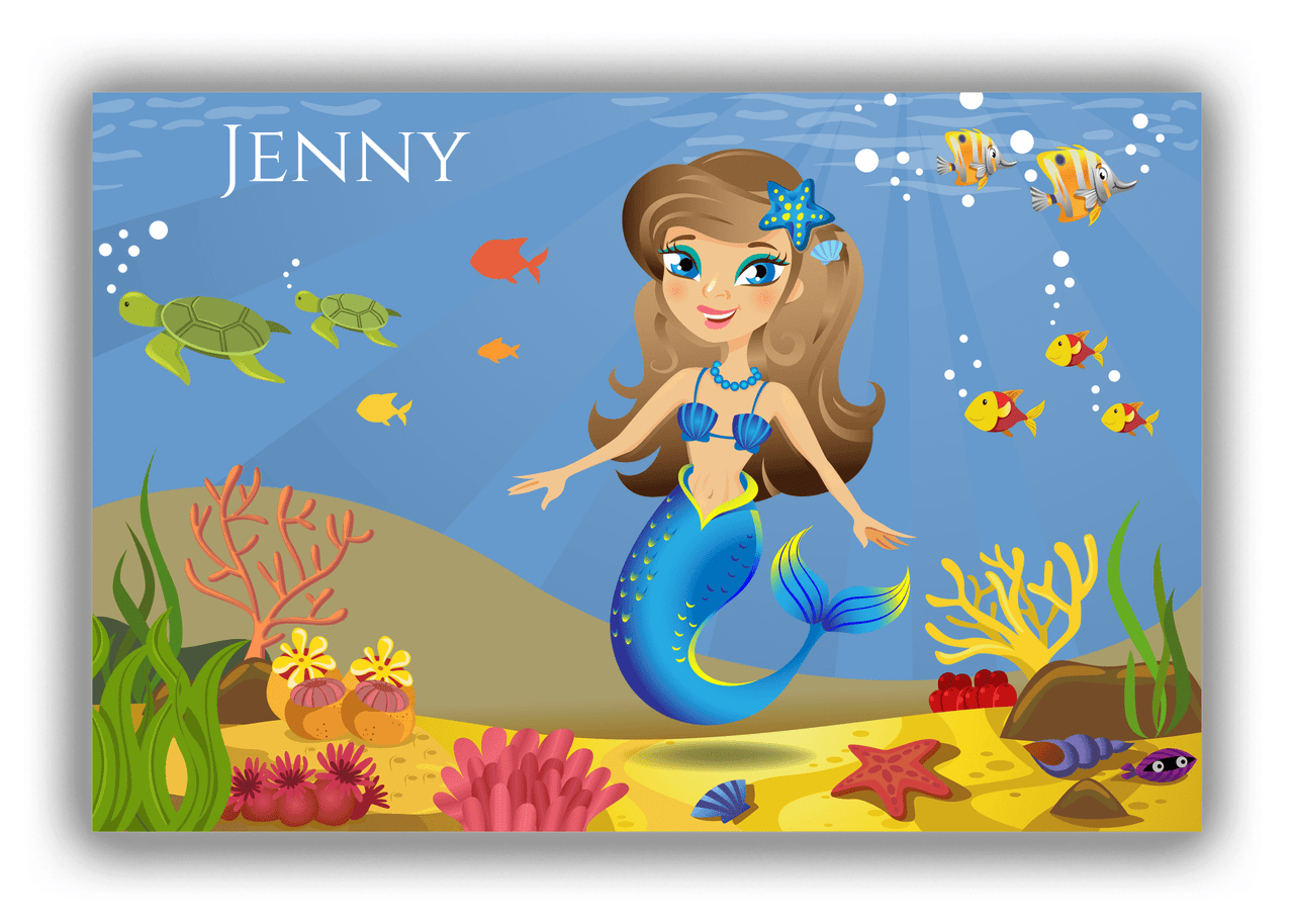 Personalized Mermaid Canvas Wrap & Photo Print VII - Blue Background - Brunette Mermaid - Front View
