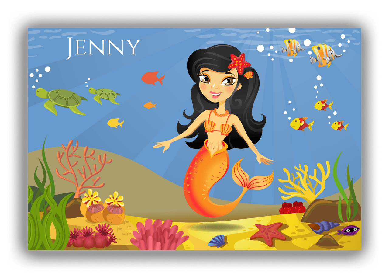 Personalized Mermaid Canvas Wrap & Photo Print VII - Blue Background - Black Hair Mermaid - Front View