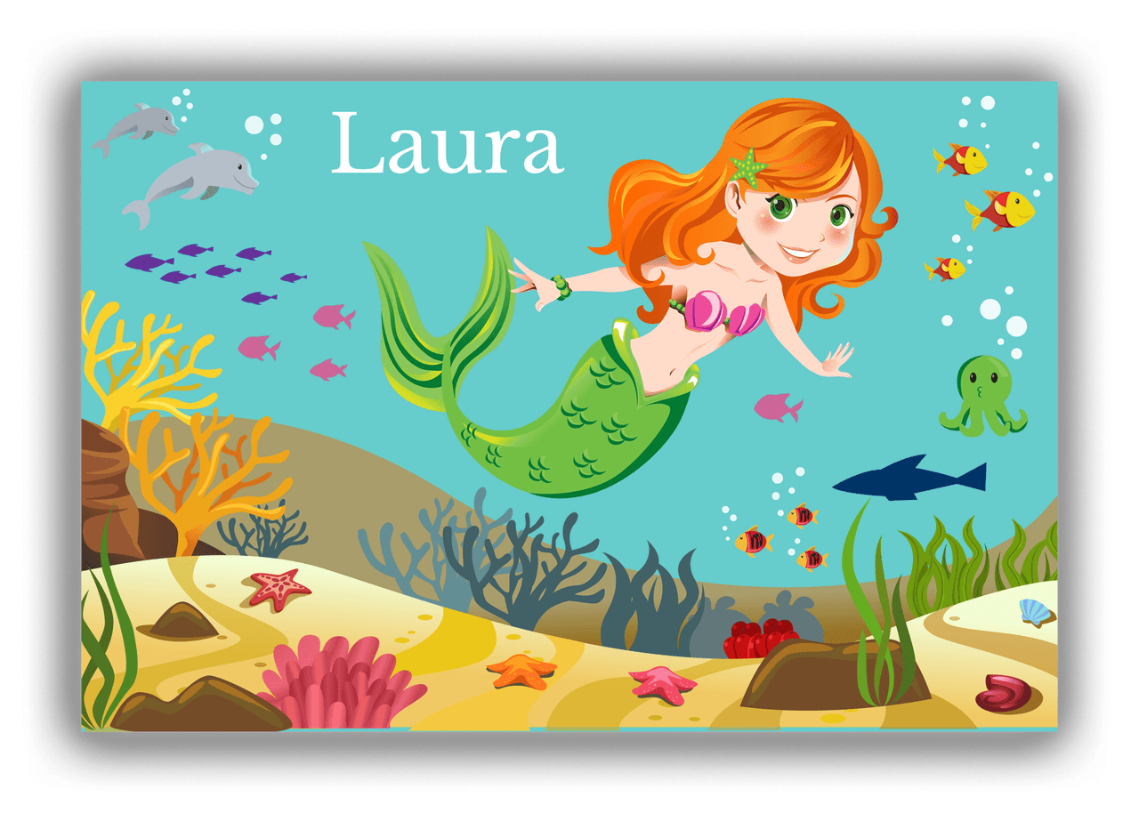 Personalized Mermaid Canvas Wrap & Photo Print VIII - Blue Background - Redhead Mermaid - Front View
