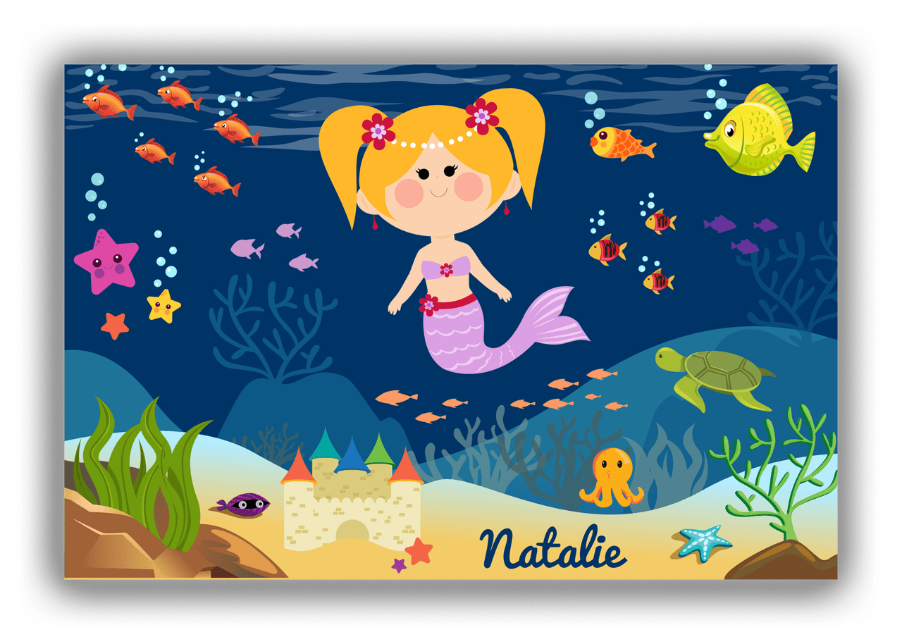 Personalized Mermaid Canvas Wrap & Photo Print IX - Blue Background - Blonde Mermaid - Front View