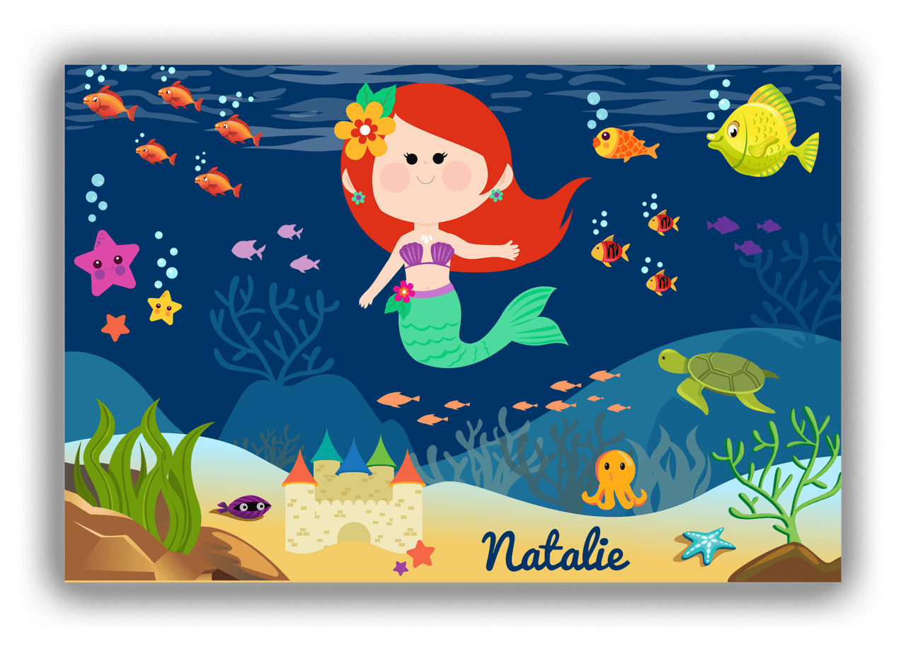 Personalized Mermaid Canvas Wrap & Photo Print IX - Blue Background - Redhead Mermaid - Front View