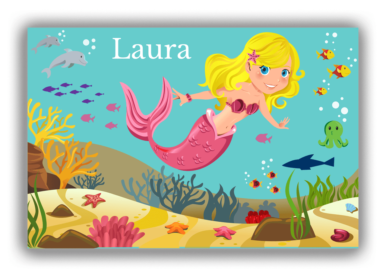Personalized Mermaid Canvas Wrap & Photo Print VIII - Blue Background - Blonde Mermaid - Front View