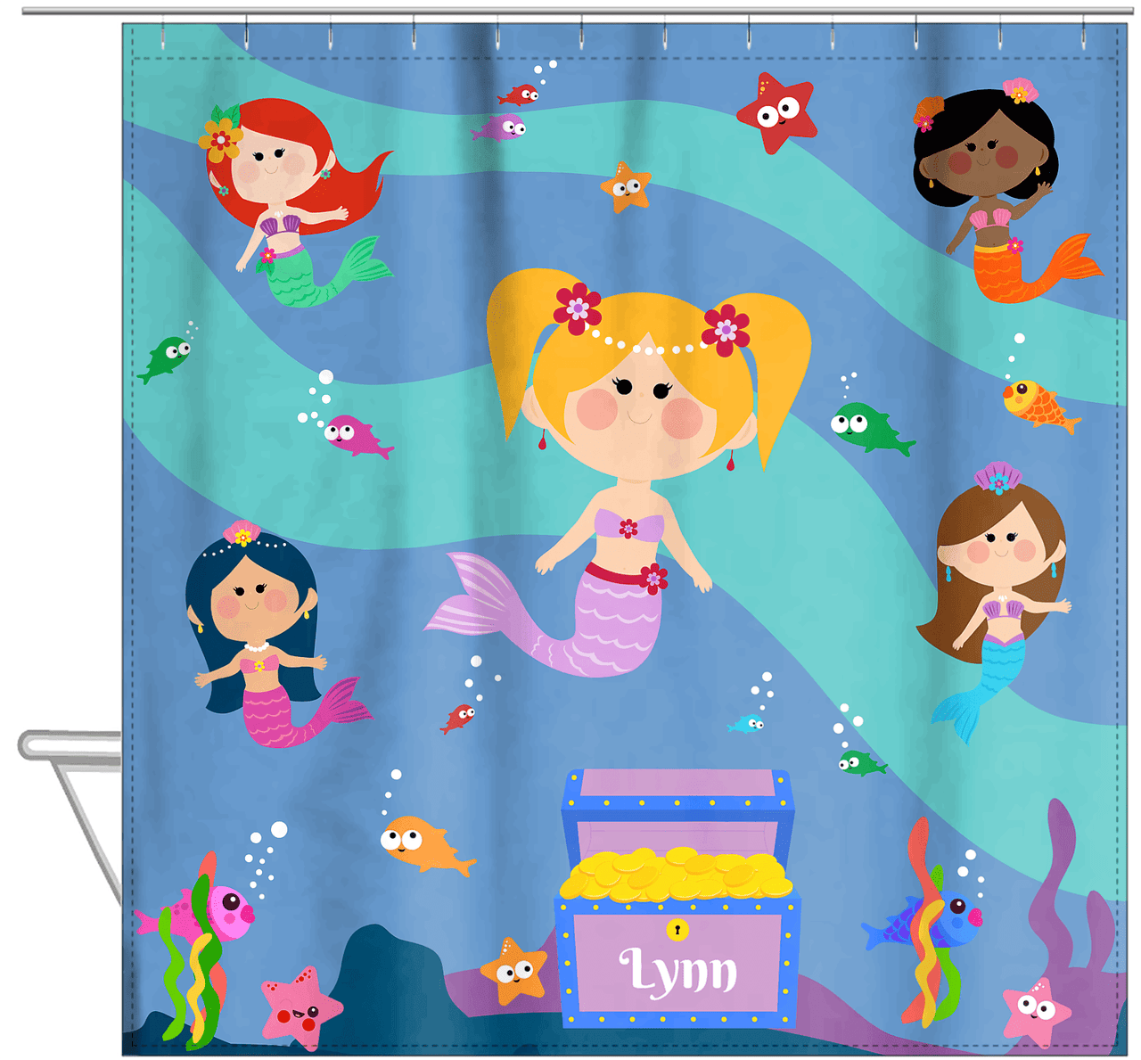 Personalized Mermaid Shower Curtain - Five Mermaids I - Blonde Mermaid - Hanging View