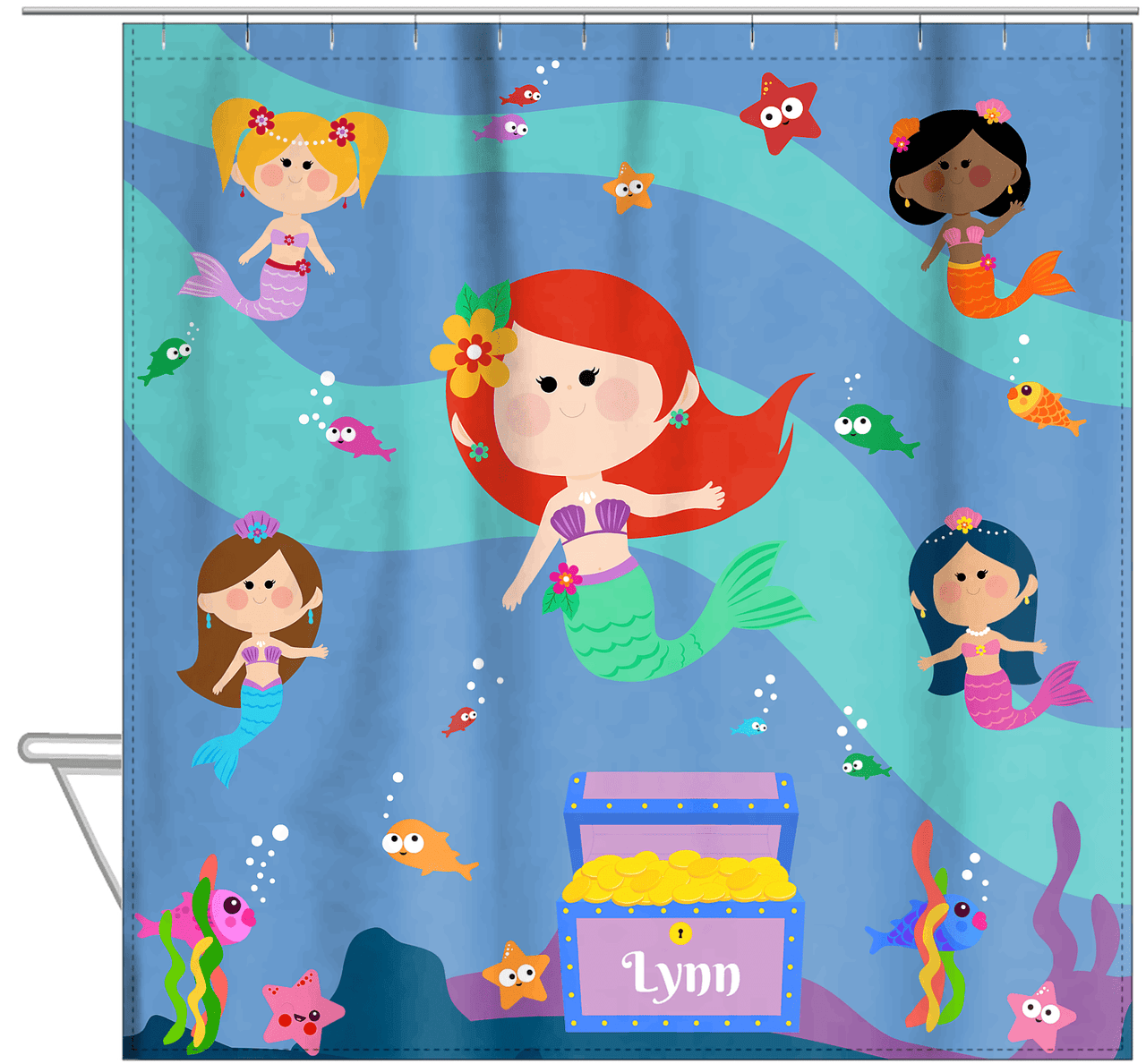 Personalized Mermaid Shower Curtain - Five Mermaids I - Redhead Mermaid - Hanging View