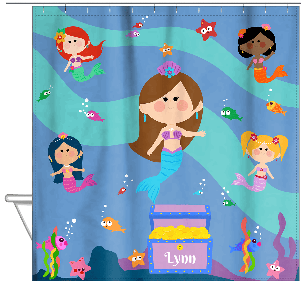 Personalized Mermaid Shower Curtain - Five Mermaids I - Brunette Mermaid - Hanging View