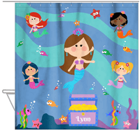 Thumbnail for Personalized Mermaid Shower Curtain - Five Mermaids I - Brunette Mermaid - Hanging View