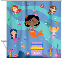 Thumbnail for Personalized Mermaid Shower Curtain - Five Mermaids I - Black Mermaid - Hanging View