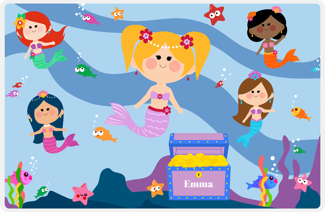 Personalized Mermaid Placemat - Five Mermaids I - Blonde Mermaid - Light Blue Background -  View