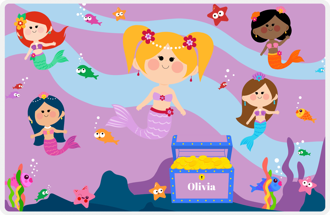 Personalized Mermaid Placemat - Five Mermaids I - Blonde Mermaid - Lilac Background -  View