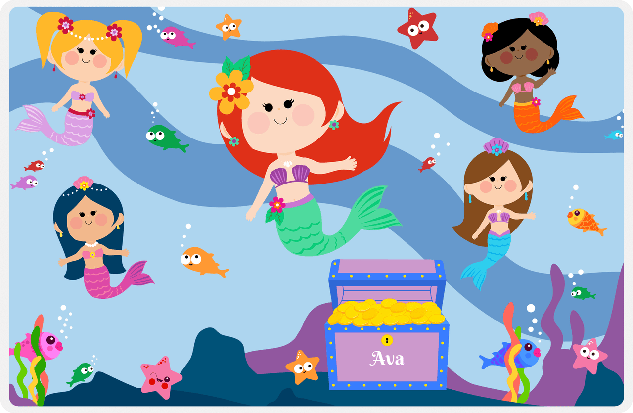 Personalized Mermaid Placemat - Five Mermaids I - Redhead Mermaid - Light Blue Background -  View