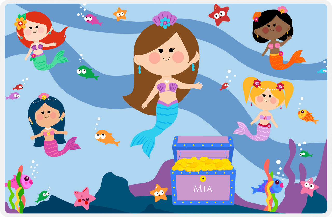 Personalized Mermaid Placemat - Five Mermaids I - Brunette Mermaid - Light Blue Background -  View