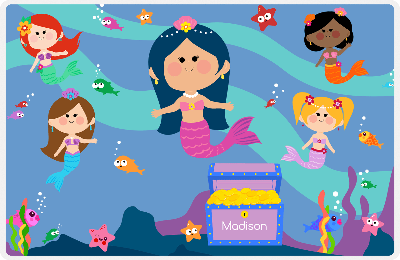 Personalized Mermaid Placemat - Five Mermaids I - Asian Mermaid - Glacier Background -  View