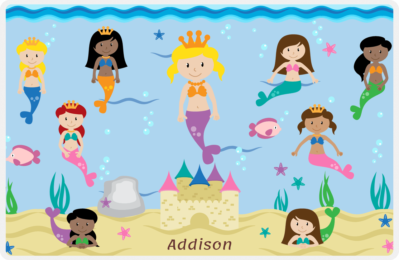 Personalized Mermaid Placemat - Five Mermaids II - Blonde Mermaid - Light Blue Background -  View