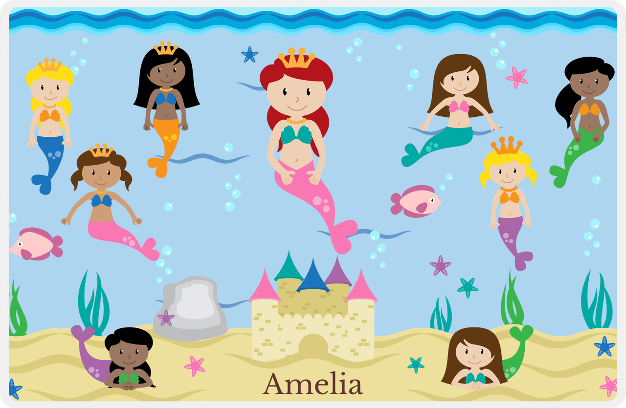 Personalized Mermaid Placemat - Five Mermaids II - Redhead Mermaid - Light Blue Background -  View