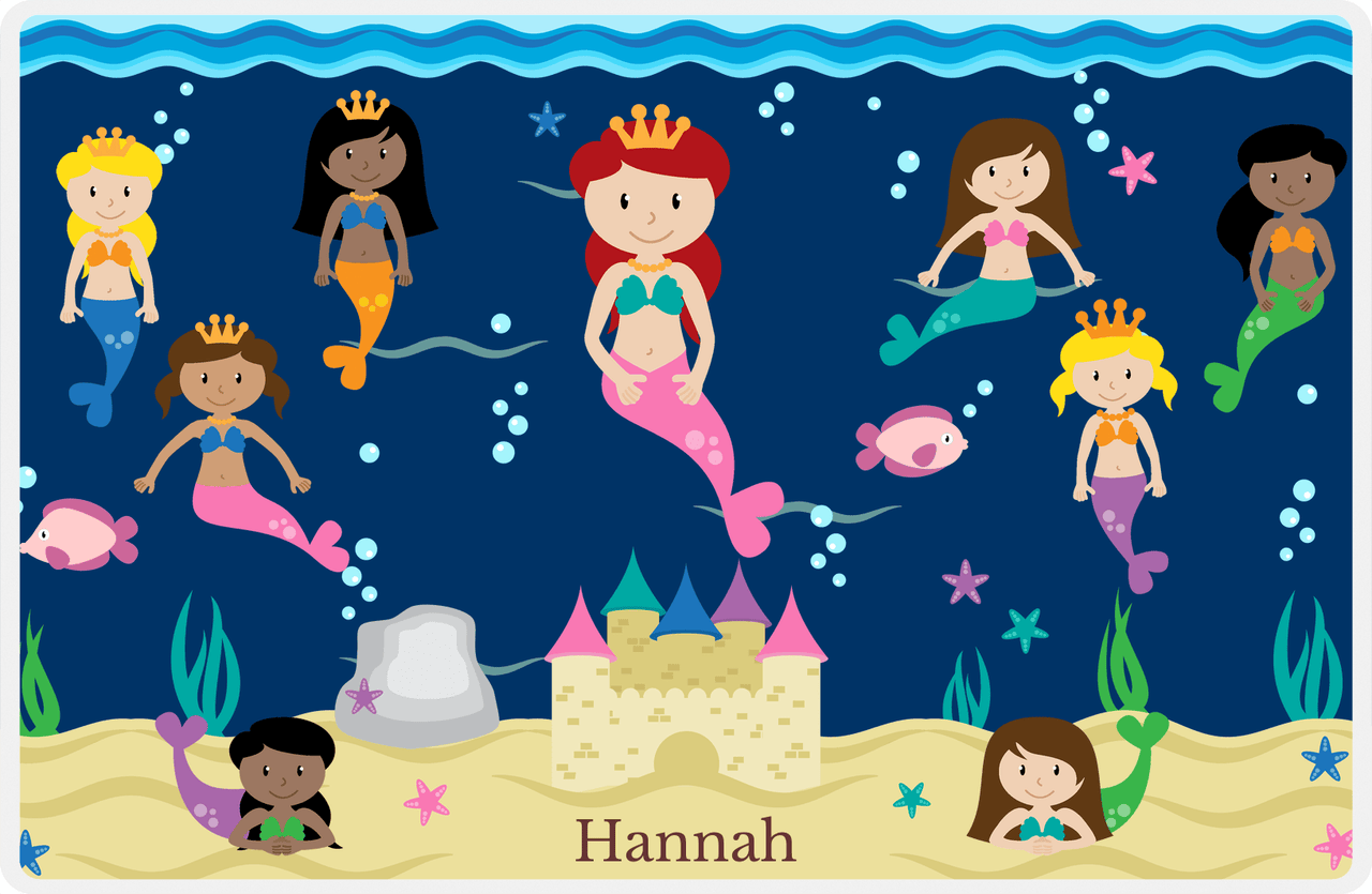 Personalized Mermaid Placemat - Five Mermaids II - Redhead Mermaid - Navy Background -  View