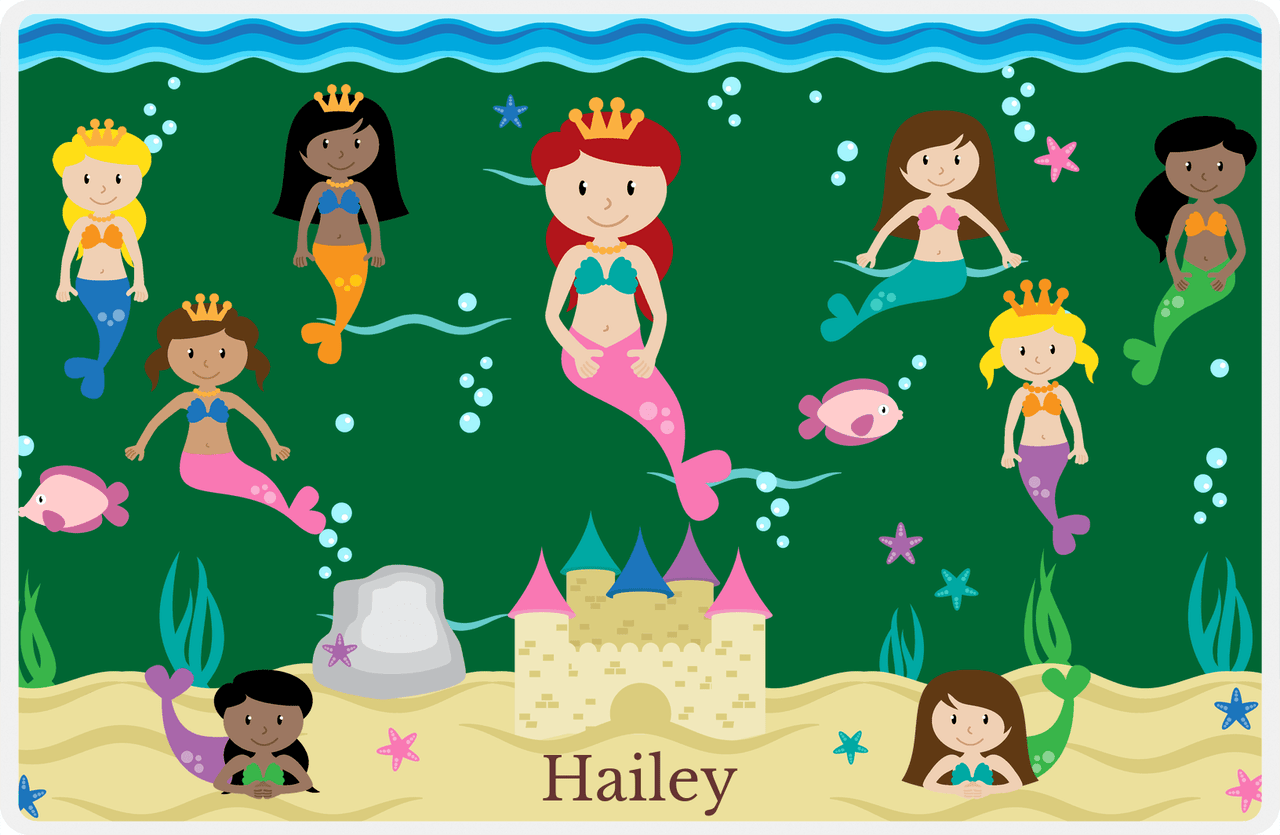Personalized Mermaid Placemat - Five Mermaids II - Redhead Mermaid - Dark Green Background -  View