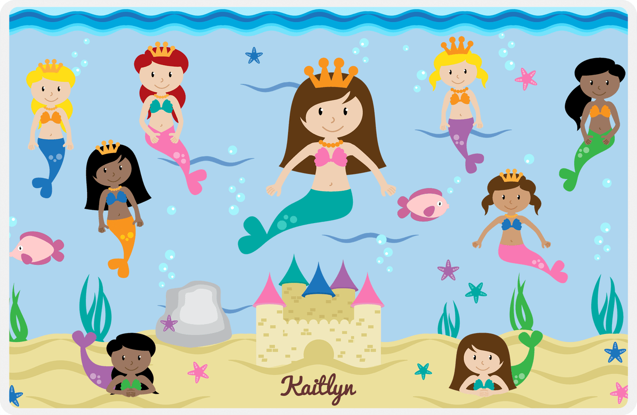 Personalized Mermaid Placemat - Five Mermaids II - Brunette Mermaid - Light Blue Background -  View