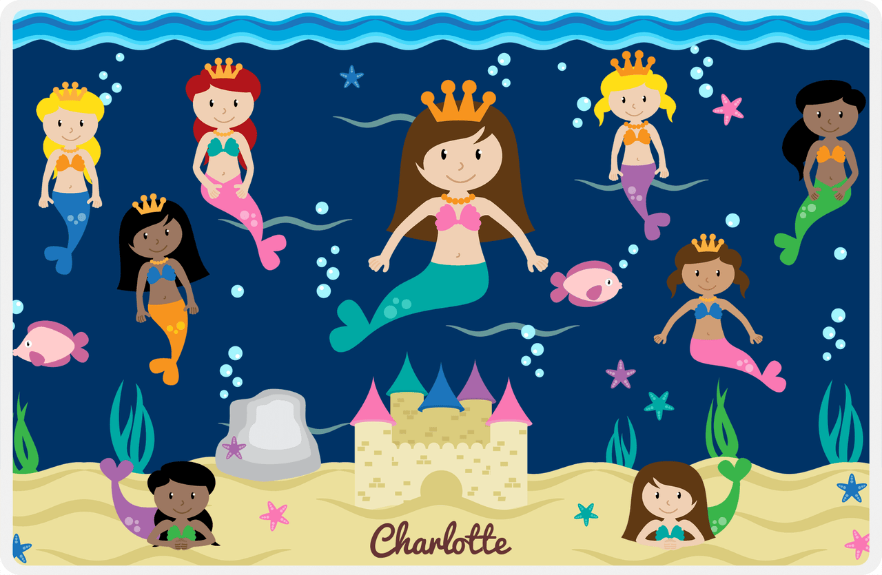 Personalized Mermaid Placemat - Five Mermaids II - Brunette Mermaid - Navy Background -  View