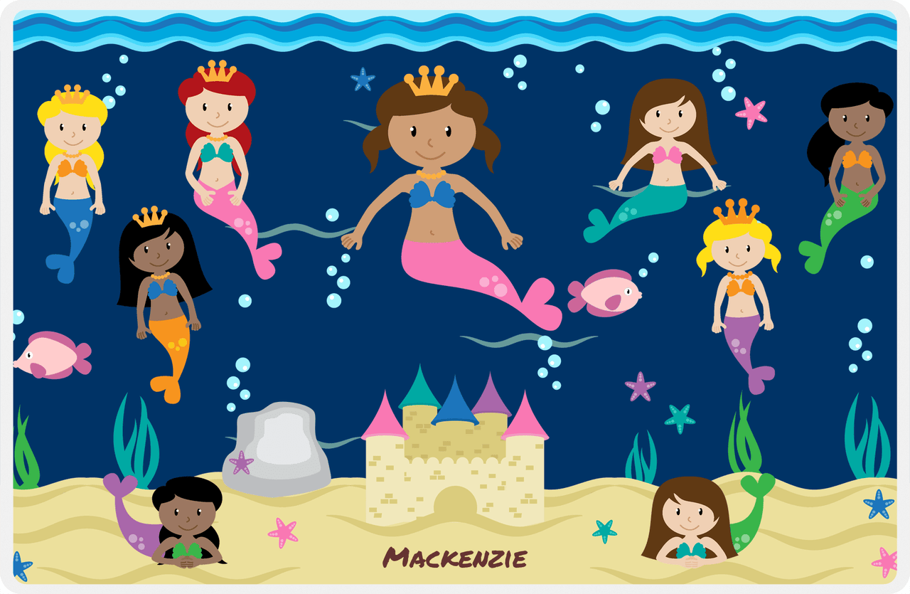 Personalized Mermaid Placemat - Five Mermaids II - Light Brown Mermaid - Navy Background -  View