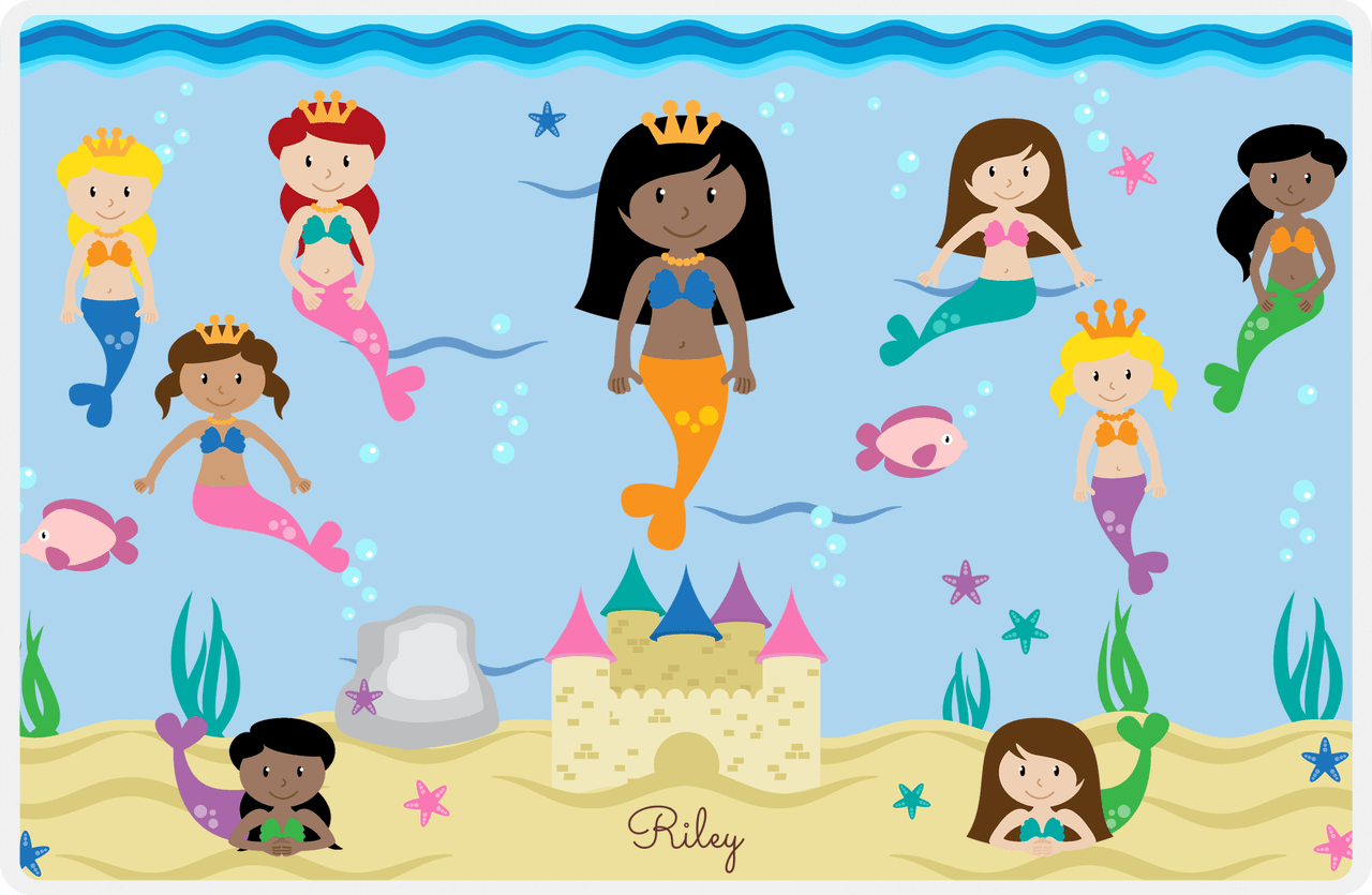 Personalized Mermaid Placemat - Five Mermaids II - Black Mermaid - Light Blue Background -  View