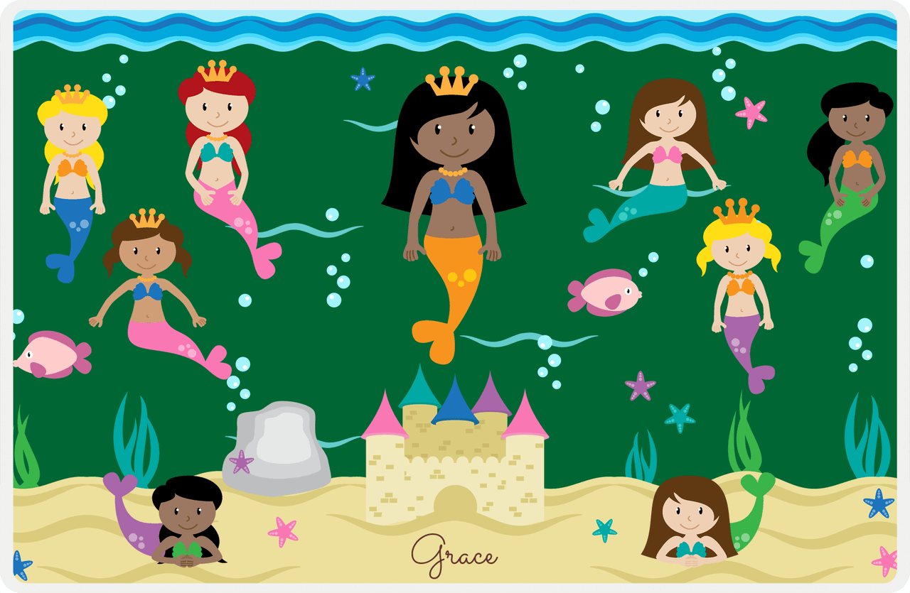 Personalized Mermaid Placemat - Five Mermaids II - Black Mermaid - Dark Green Background -  View