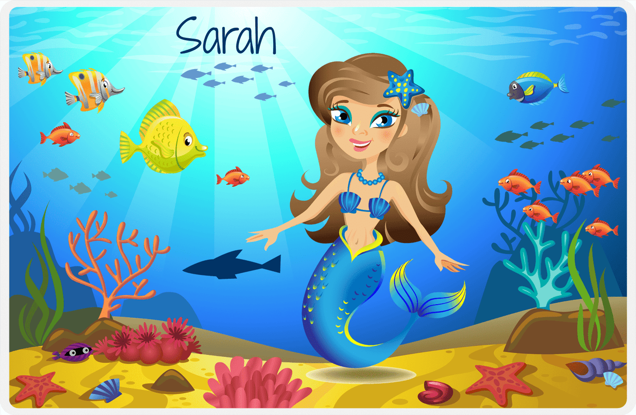 Personalized Mermaid Placemat - Mermaid I - Brunette Mermaid - Blue Fish -  View