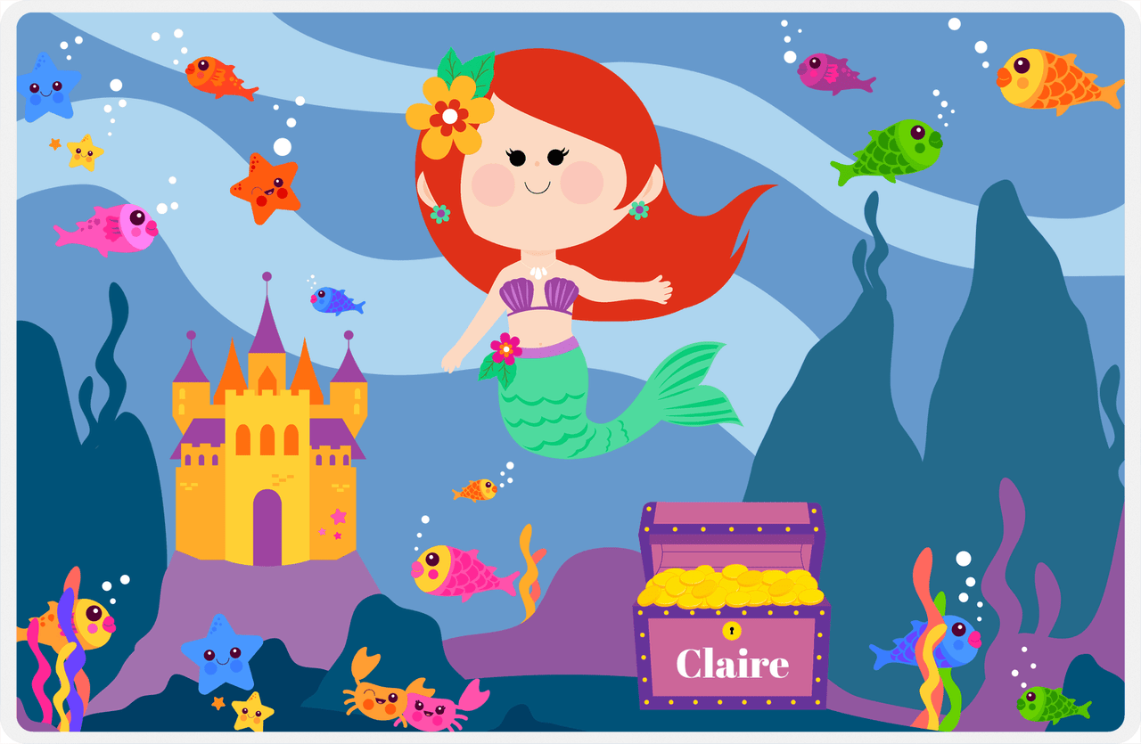 Personalized Mermaid Placemat - Mermaid III - Redhead Mermaid - Purple Treasure Chest -  View