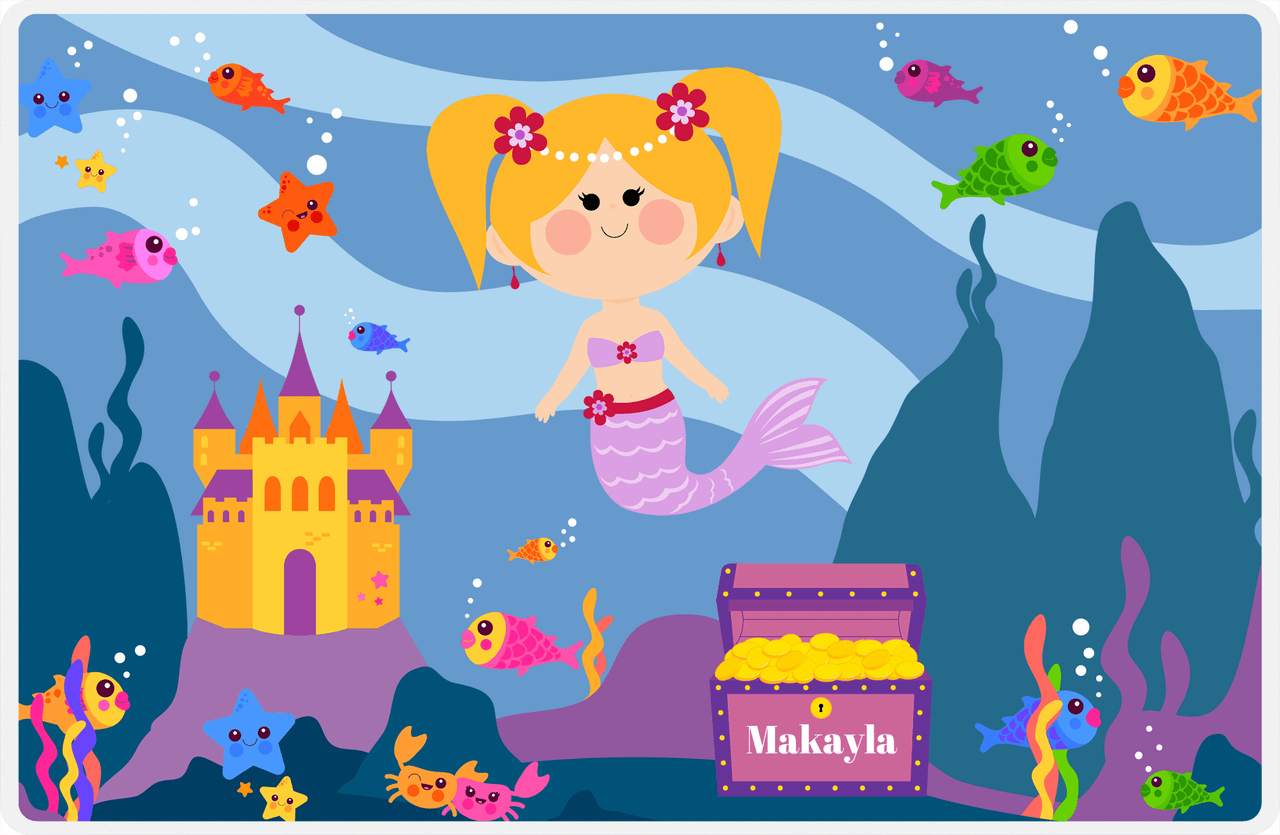 Personalized Mermaid Placemat - Mermaid III - Blonde Mermaid - Purple Treasure Chest -  View