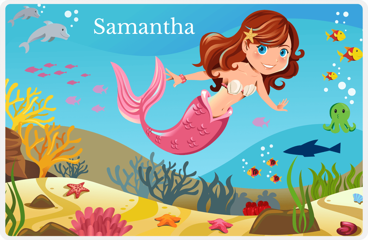 Personalized Mermaid Placemat - Mermaid VI - Brunette Mermaid - Pink Fish -  View