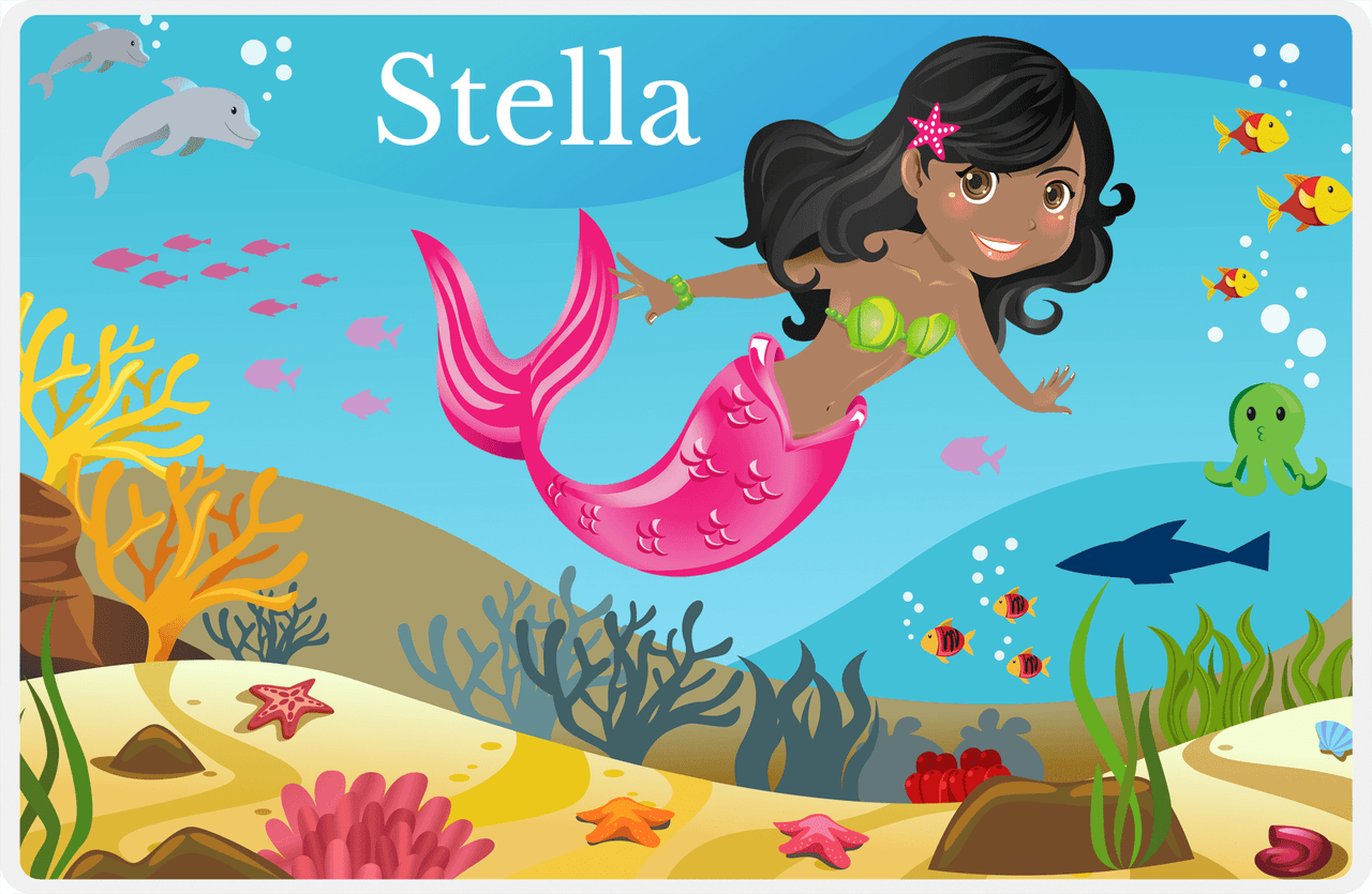 Personalized Mermaid Placemat - Mermaid VI - Black Mermaid - Pink Fish -  View