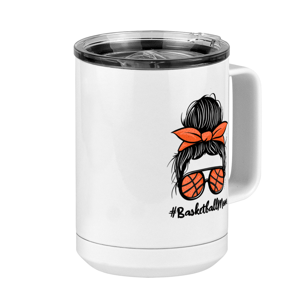 Personalized Messy Bun Coffee Mug Tumbler with Handle (15 oz) - Basketball Mom - Front Right View
