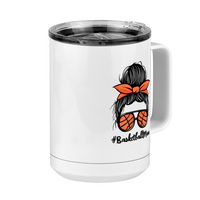 Thumbnail for Personalized Messy Bun Coffee Mug Tumbler with Handle (15 oz) - Basketball Mom - Front Right View