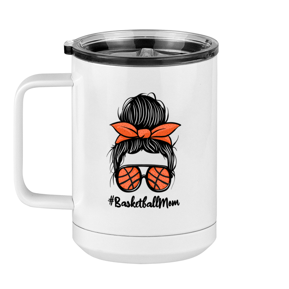 Personalized Messy Bun Coffee Mug Tumbler with Handle (15 oz) - Basketball Mom - Left View