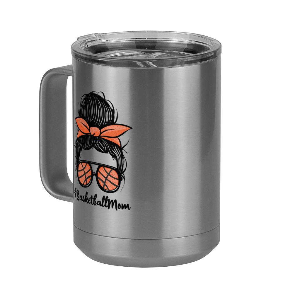 Personalized Messy Bun Coffee Mug Tumbler with Handle (15 oz) - Basketball Mom - Front Left View