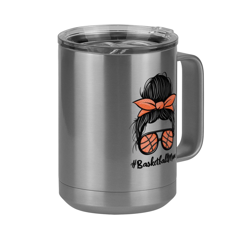Personalized Messy Bun Coffee Mug Tumbler with Handle (15 oz) - Basketball Mom - Front Right View