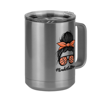 Thumbnail for Personalized Messy Bun Coffee Mug Tumbler with Handle (15 oz) - Basketball Mom - Front Right View