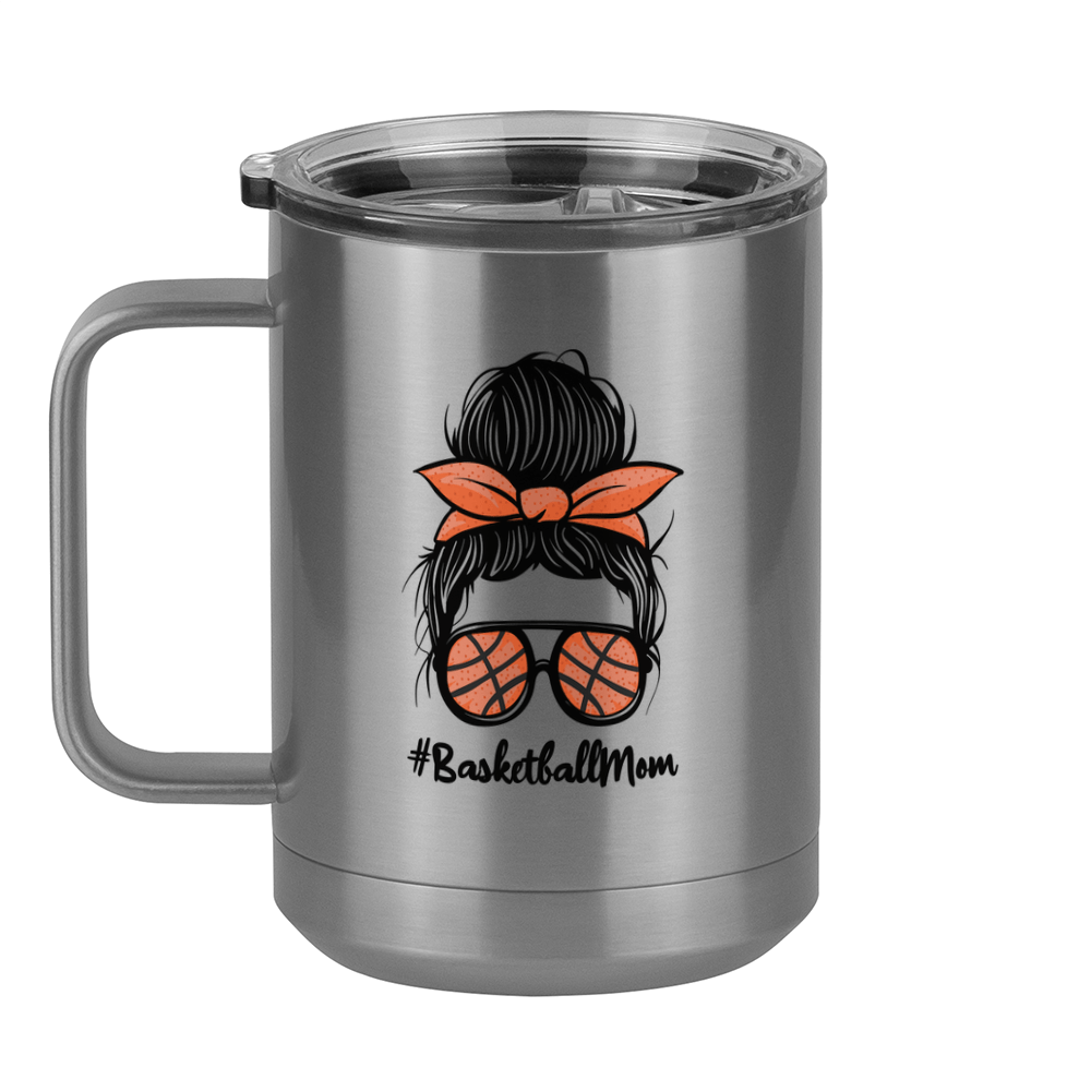 Personalized Messy Bun Coffee Mug Tumbler with Handle (15 oz) - Basketball Mom - Left View