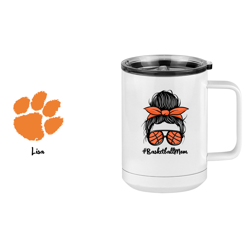 Personalized Messy Bun Coffee Mug Tumbler with Handle (15 oz) - Basketball Mom with Photo Upload - Design View