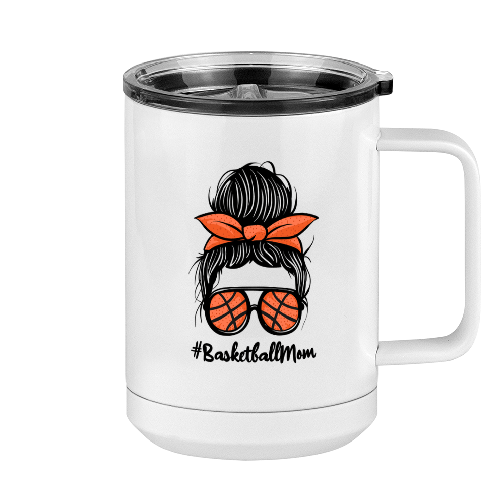 Personalized Messy Bun Coffee Mug Tumbler with Handle (15 oz) - Basketball Mom with Photo Upload - Right View